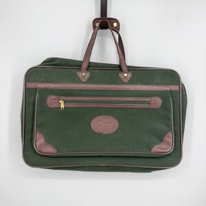 vintage Orvis Battenkill garment bag green canvas construction with leather trim
